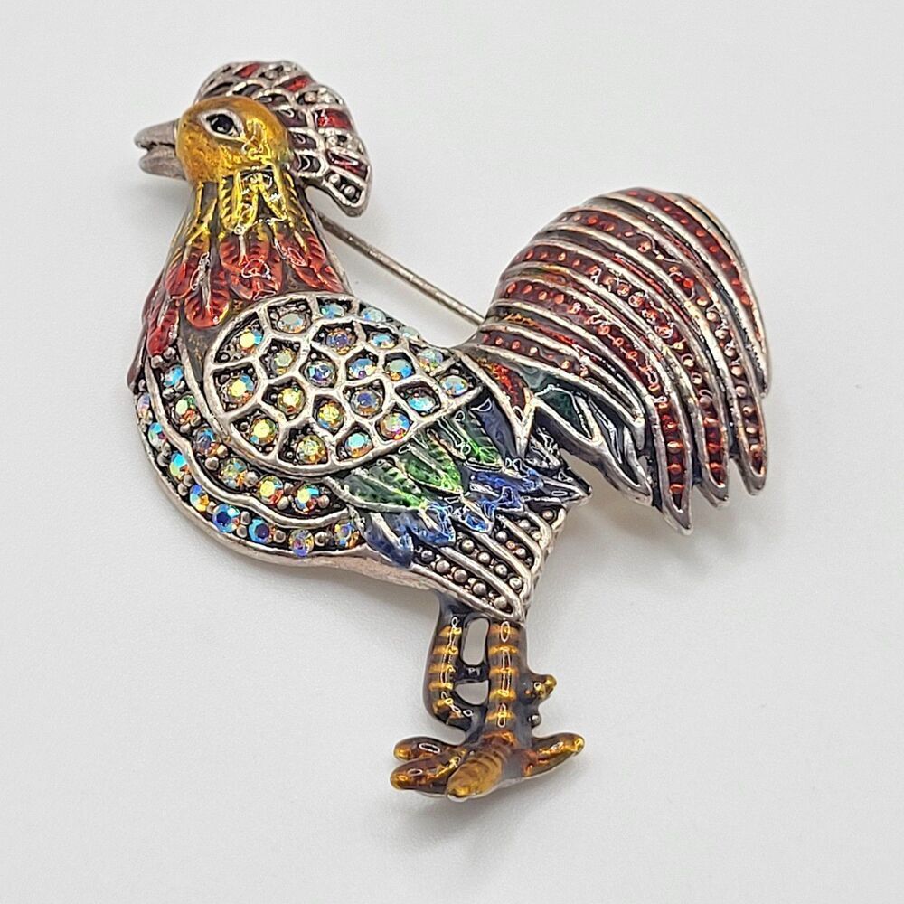 Rooster Brooch Pin Multicolor Rhinestone Enamel Red Gold Tone Farm 2.5in